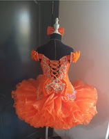 (#1379) Off shoulder flat style high glitz national pageant dress. (orange) / 3 ~ 4 weeks production (no necklace)