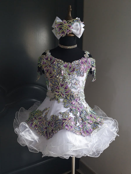 (DRESS EXAMPLE)(#1504) Straps flared mega glitz national cupcake pageant dress (white & purple) 4~6 weeks production (*Without necklace)