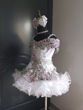 (DRESS EXAMPLE)(#1504) Straps flared mega glitz national cupcake pageant dress (white & purple) 4~6 weeks production (*Without necklace)