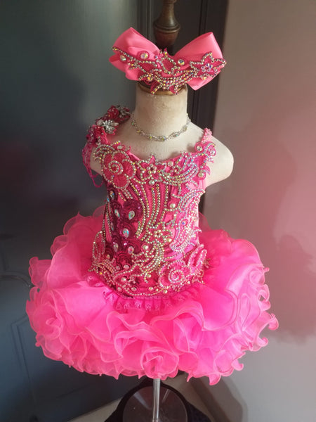 (DRESS EXAMPLE) (#1384) Straps flat glitz national cupcake pageant dress (neon pink) / 3 ~4 weeks production (*Without necklace)