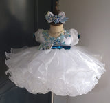 (#1390) Sleeve lace baby doll glitz pageant dress (white + blue) / 3~4 weeks production