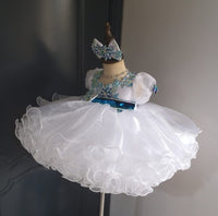 (#1390) Sleeve lace baby doll glitz pageant dress (white + blue) / 3~4 weeks production