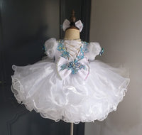 (#1390) Sleeve lace baby doll glitz pageant dress (white + blue) / 3~4 weeks production