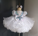 (#1390) Sleeve lace baby doll glitz pageant dress (white + blue) / 3~4 weeks production