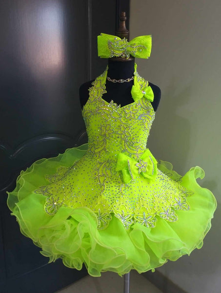 (#1395) Halter flared glitz national pageant dress. (neon green) / 3 ~ 4 weeks production (*Without necklace) (#1395) Halter flared glitz national pageant dress. (neon green) / 3 ~ 4 weeks production (*Without necklace)