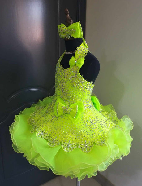 1395) Halter flared glitz national pageant dress. (neon green) / 3 ~ –  janicejackie