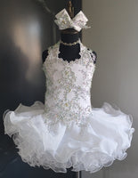 (#1397) Halter flat style high glitz national pageant dress. (white) / 3 ~ 4 weeks production (no necklace)