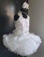 (#1397) Halter flat style high glitz national pageant dress. (white) / 3 ~ 4 weeks production (no necklace)