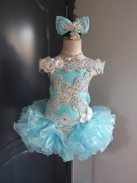 (#1398) Off shoulder flat style high glitz national pageant dress. (baby blue) / 3 ~ 4 weeks production (no necklace)