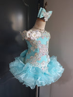 (#1398) Off shoulder flat style high glitz national pageant dress. (baby blue) / 3 ~ 4 weeks production (no necklace)