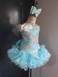 (#1398) Off shoulder flat style high glitz national pageant dress. (baby blue) / 3 ~ 4 weeks production (no necklace)