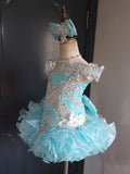 (#1398) Off shoulder flat style high glitz national pageant dress. (baby blue) / 3 ~ 4 weeks production (no necklace)