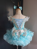 (#1398) Off shoulder flat style high glitz national pageant dress. (baby blue) / 3 ~ 4 weeks production (no necklace)