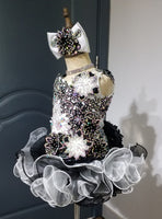 (DRESS EXAMPLE) (#1403) Straps flat MEGA glitz national pageant dress. (white black) / 4 ~ 6 weeks production (*Without necklace)