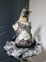 (DRESS EXAMPLE) (#1403) Straps flat MEGA glitz national pageant dress. (white black) / 4 ~ 6 weeks production (*Without necklace)