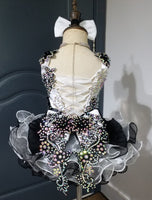 (DRESS EXAMPLE) (#1403) Straps flat MEGA glitz national pageant dress. (white black) / 4 ~ 6 weeks production (*Without necklace)