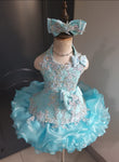 (#1405) Halter flared high glitz national pageant dress. (blue) / 4 ~ 6 weeks production (no necklace)