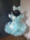 (#1405a) Straps flared glitz national cupcake pageant dress (blue + white) 4~6 weeks production (*Without necklace)