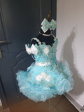 (#1405a) Straps flared glitz national cupcake pageant dress (blue + white) 4~6 weeks production (*Without necklace)