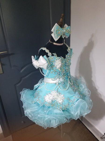 1405a) Straps flared glitz national cupcake pageant dress (blue + wh – janicejackie