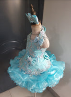 (#1405) Halter flared high glitz national pageant dress. (blue) / 4 ~ 6 weeks production (no necklace)