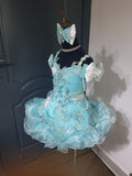(#1405a) Straps flared glitz national cupcake pageant dress (blue + white) 4~6 weeks production (*Without necklace)