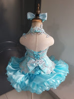 (#1405) Halter flared high glitz national pageant dress. (blue) / 4 ~ 6 weeks production (no necklace)