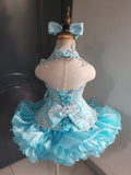 (#1405) Halter flared high glitz national pageant dress. (blue) / 4 ~ 6 weeks production (no necklace)