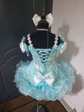 (#1405a) Straps flared glitz national cupcake pageant dress (blue + white) 4~6 weeks production (*Without necklace)