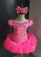 (#1406) Off shoulder flat style high glitz national pageant dress. (neon pink) / 4 ~ 6 weeks production (no necklace)
