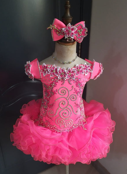 (#1406) Off shoulder flat style high glitz national pageant dress. (neon pink) / 4 ~ 6 weeks production (no necklace)
