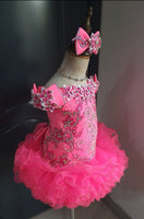 (#1406) Off shoulder flat style high glitz national pageant dress. (neon pink) / 4 ~ 6 weeks production (no necklace)