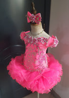 (#1406) Off shoulder flat style high glitz national pageant dress. (neon pink) / 4 ~ 6 weeks production (no necklace)