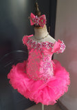 (#1406) Off shoulder flat style high glitz national pageant dress. (neon pink) / 4 ~ 6 weeks production (no necklace)