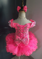 (#1406) Off shoulder flat style high glitz national pageant dress. (neon pink) / 4 ~ 6 weeks production (no necklace)