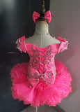 (#1406) Off shoulder flat style high glitz national pageant dress. (neon pink) / 4 ~ 6 weeks production (no necklace)