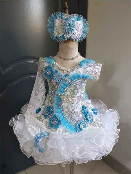 (DRESS EXAMPLE)(#1407) Straps flared mega glitz national cupcake pageant dress (white & blue) 4~6 weeks production (*Without necklace)