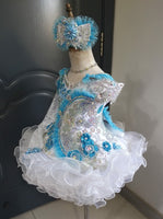 (DRESS EXAMPLE)(#1407) Straps flared mega glitz national cupcake pageant dress (white & blue) 4~6 weeks production (*Without necklace)