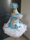(DRESS EXAMPLE)(#1407) Straps flared mega glitz national cupcake pageant dress (white & blue) 4~6 weeks production (*Without necklace)
