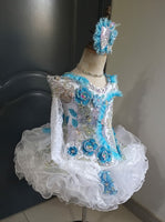 (DRESS EXAMPLE)(#1407) Straps flared mega glitz national cupcake pageant dress (white & blue) 4~6 weeks production (*Without necklace)
