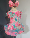 (DRESS EXAMPLE) (#1408) Straps flat glitz national cupcake pageant dress (neon pink teal green) / 4~6 weeks production (*Without necklace)