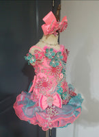 (DRESS EXAMPLE) (#1408) Straps flat glitz national cupcake pageant dress (neon pink teal green) / 4~6 weeks production (*Without necklace)