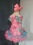 (DRESS EXAMPLE) (#1408) Straps flat glitz national cupcake pageant dress (neon pink teal green) / 4~6 weeks production (*Without necklace)