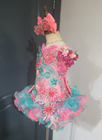 (DRESS EXAMPLE) (#1408) Straps flat glitz national cupcake pageant dress (neon pink teal green) / 4~6 weeks production (*Without necklace)