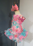 (DRESS EXAMPLE) (#1408) Straps flat glitz national cupcake pageant dress (neon pink teal green) / 4~6 weeks production (*Without necklace)