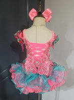(DRESS EXAMPLE) (#1408) Straps flat glitz national cupcake pageant dress (neon pink teal green) / 4~6 weeks production (*Without necklace)
