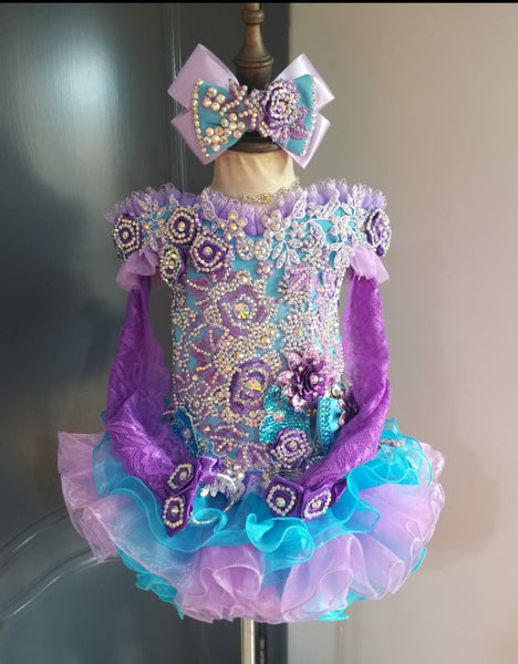 (DRESS EXAMPLE) (#1409) Off shoulder flat MEGA glitz national pageant dress. (ice blue + lavender) / 4 ~ 6 weeks production (*Without necklace)