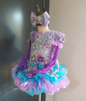(DRESS EXAMPLE) (#1409) Off shoulder flat MEGA glitz national pageant dress. (ice blue + lavender) / 4 ~ 6 weeks production (*Without necklace)