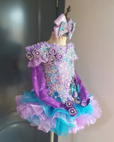 (DRESS EXAMPLE) (#1409) Off shoulder flat MEGA glitz national pageant dress. (ice blue + lavender) / 4 ~ 6 weeks production (*Without necklace)