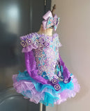 (DRESS EXAMPLE) (#1409) Off shoulder flat MEGA glitz national pageant dress. (ice blue + lavender) / 4 ~ 6 weeks production (*Without necklace)